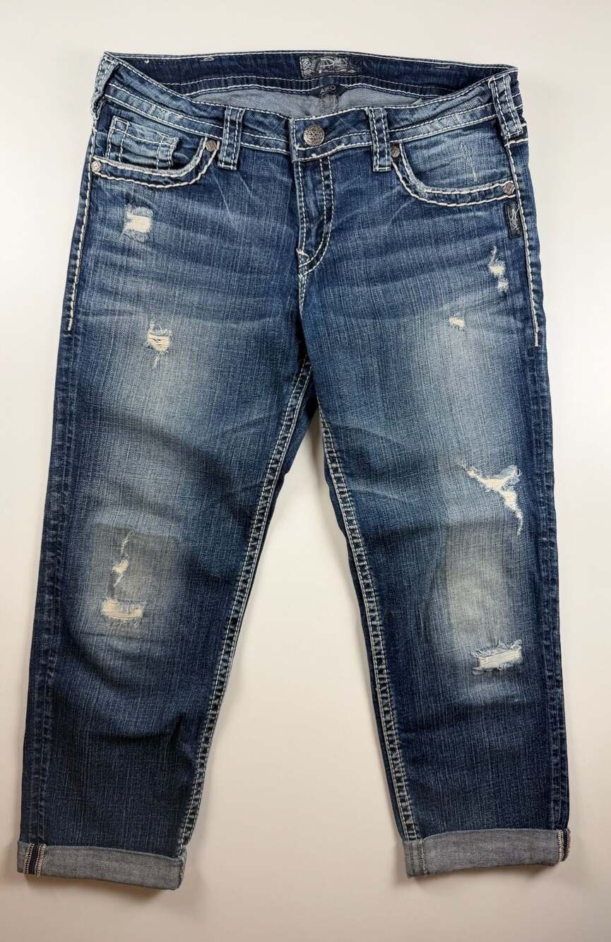 Silver Jeans Co Aiko Mid Rise Distressed Cuffed Capri Jeans Women's W31/L25 Blue